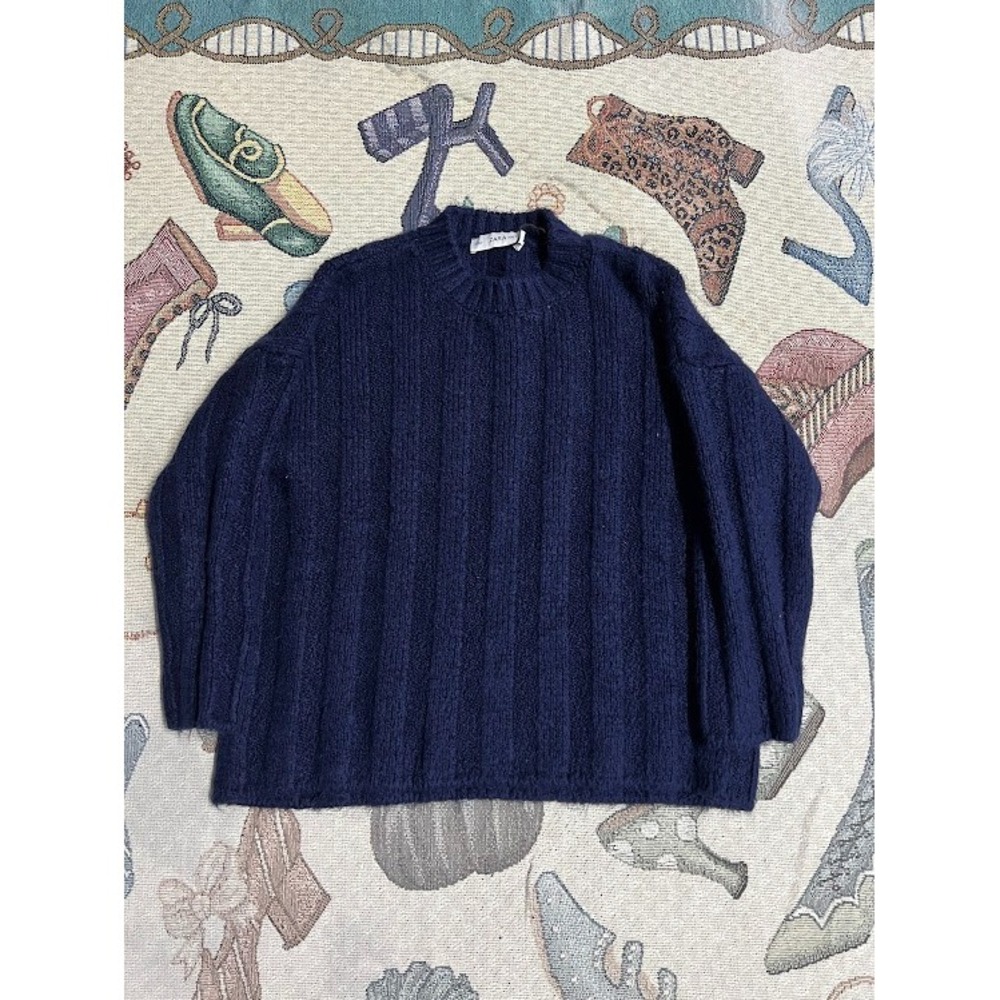 ZARA Knit Navy Blue Ribbed Crewneck Sweater Women Size S